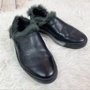 Women's Black Leather Slip-On Shoes with Faux Fur Lining